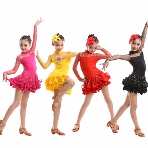 Red black pink children's ballroom stage clothing girls Latin dance skirts long-sleeved dresses perfoming costumes